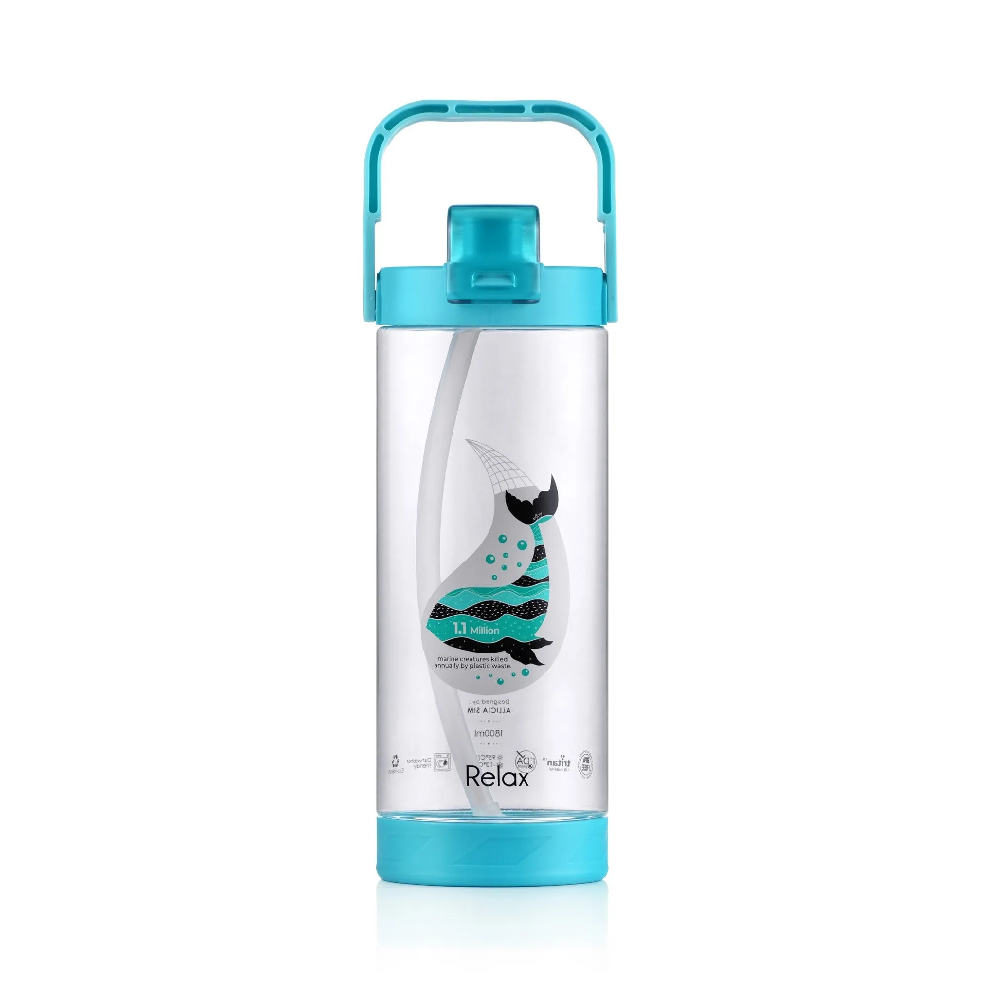 1800ML RELAX TRITAN WATER BOTTLE WITH STRAW- D7218 CYAN