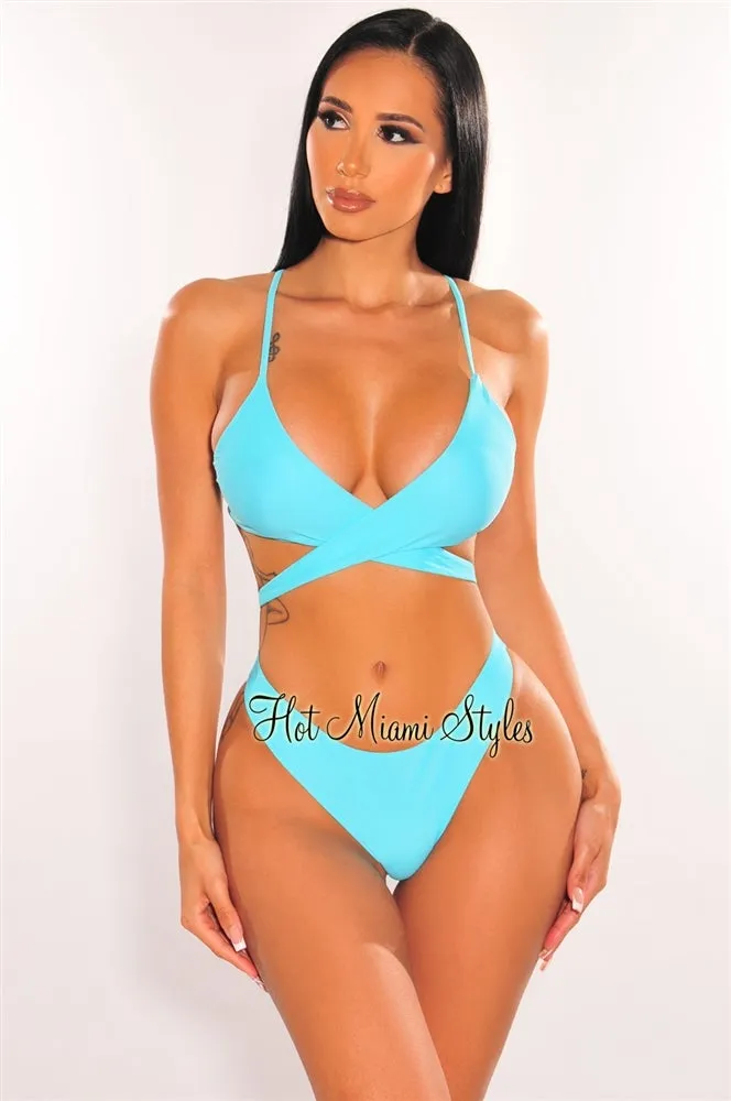 Aqua Padded Crochet Spaghetti Straps Wrap Around Bikini Bottom