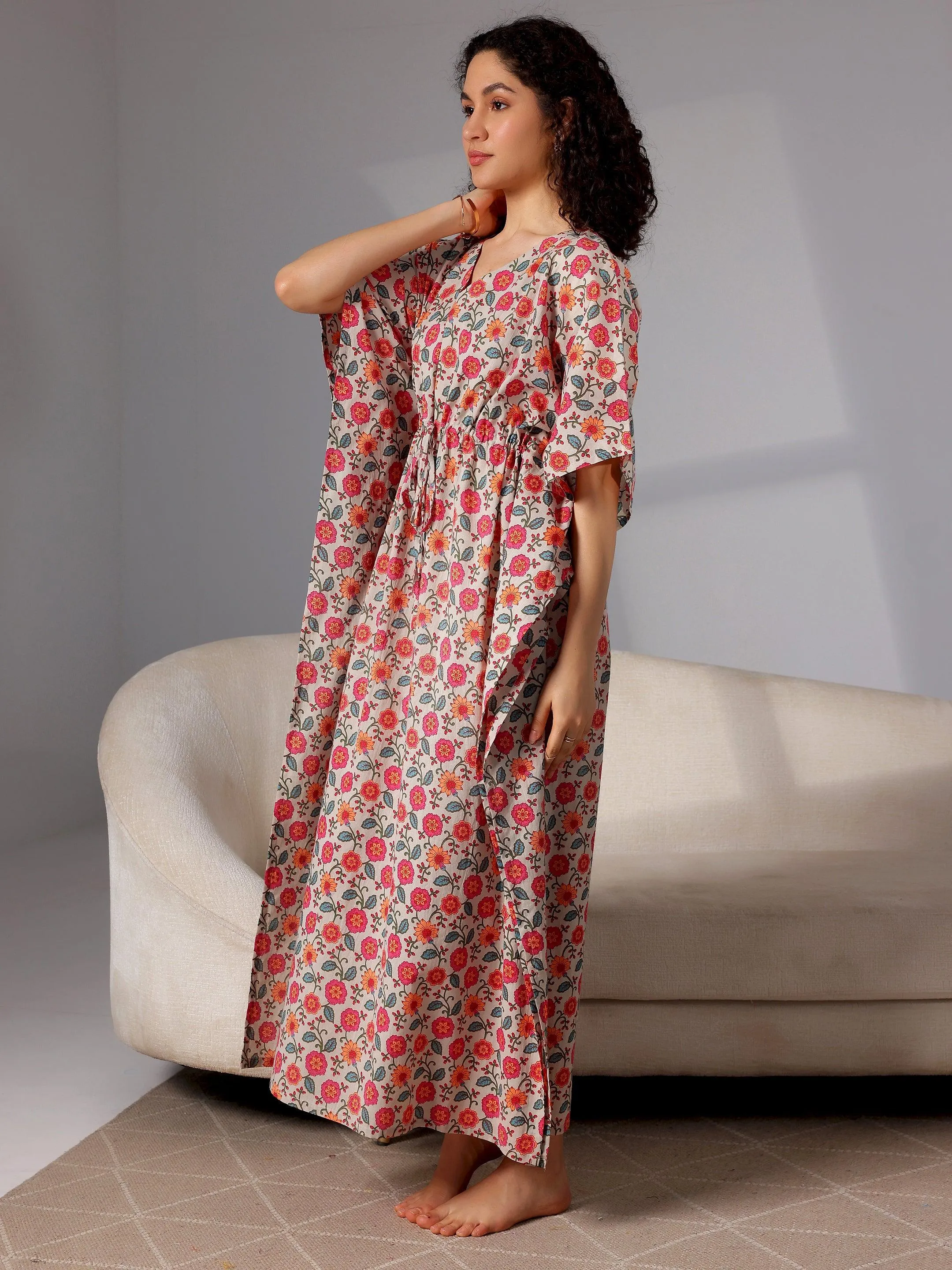 Beige Printed Cotton Kaftan Night Dress