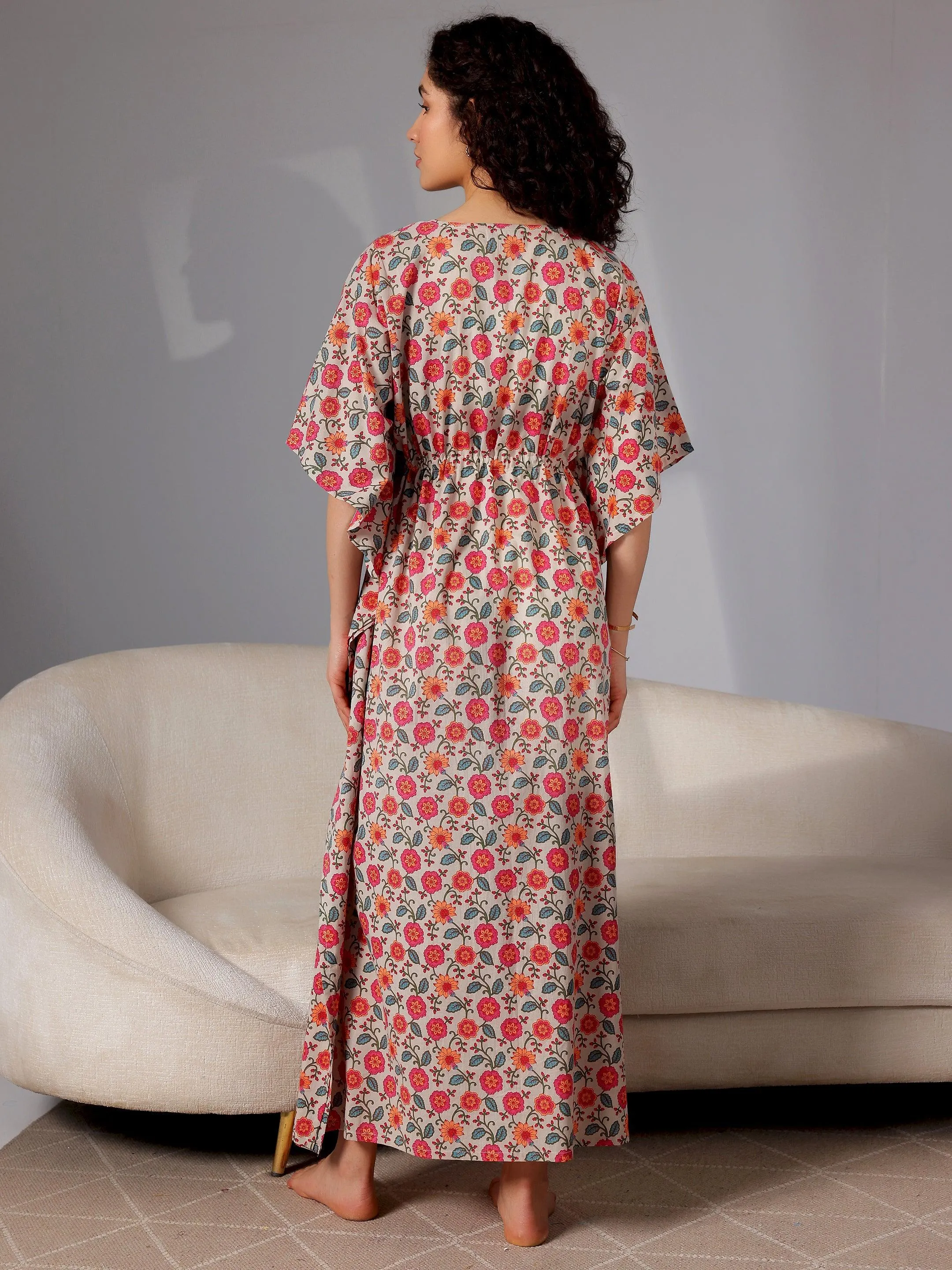 Beige Printed Cotton Kaftan Night Dress