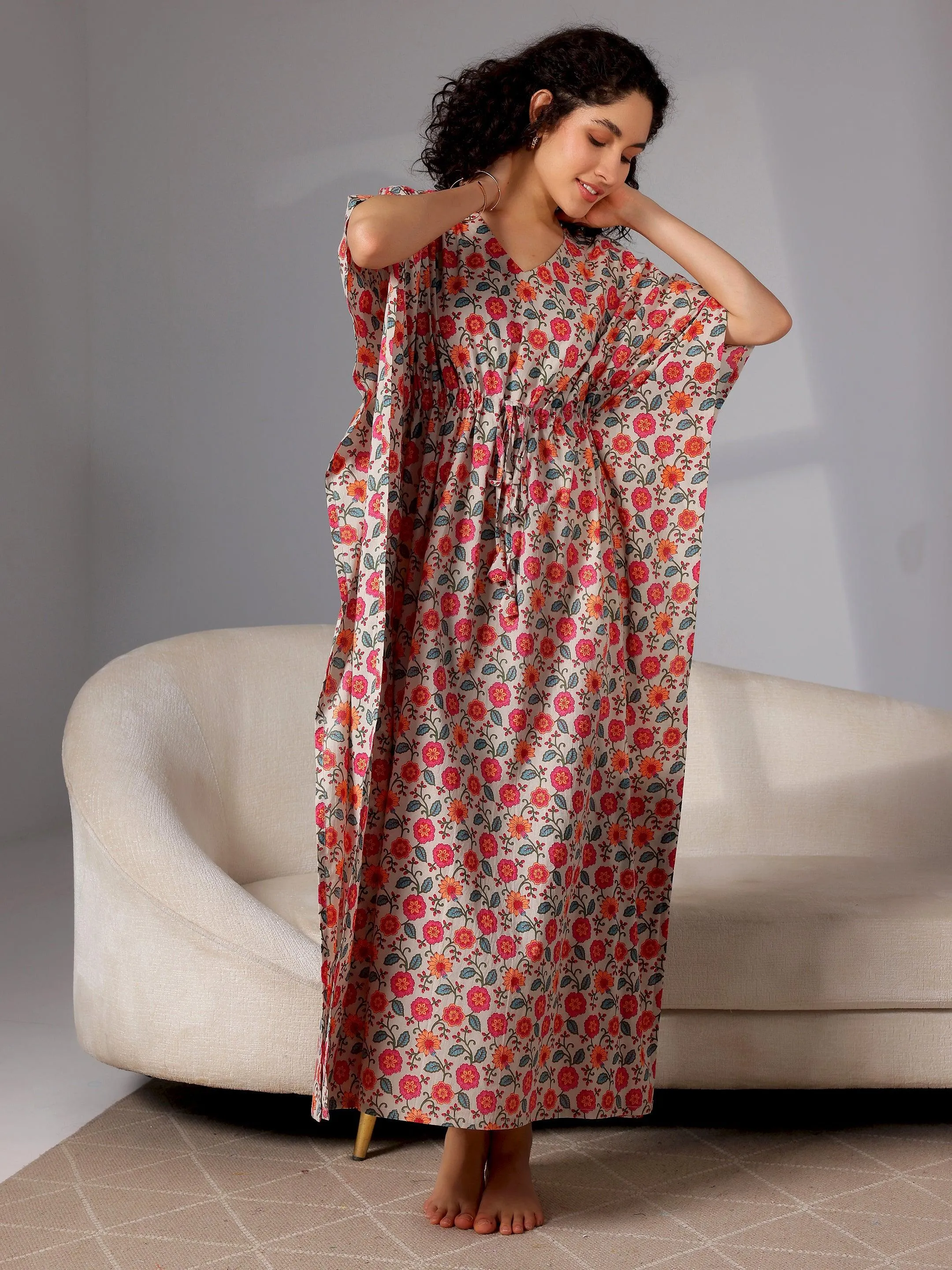 Beige Printed Cotton Kaftan Night Dress