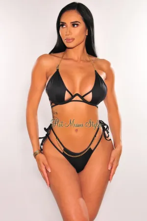 Black Gold Chain Underwire Strappy Tie Up Cut Out Bikini Top