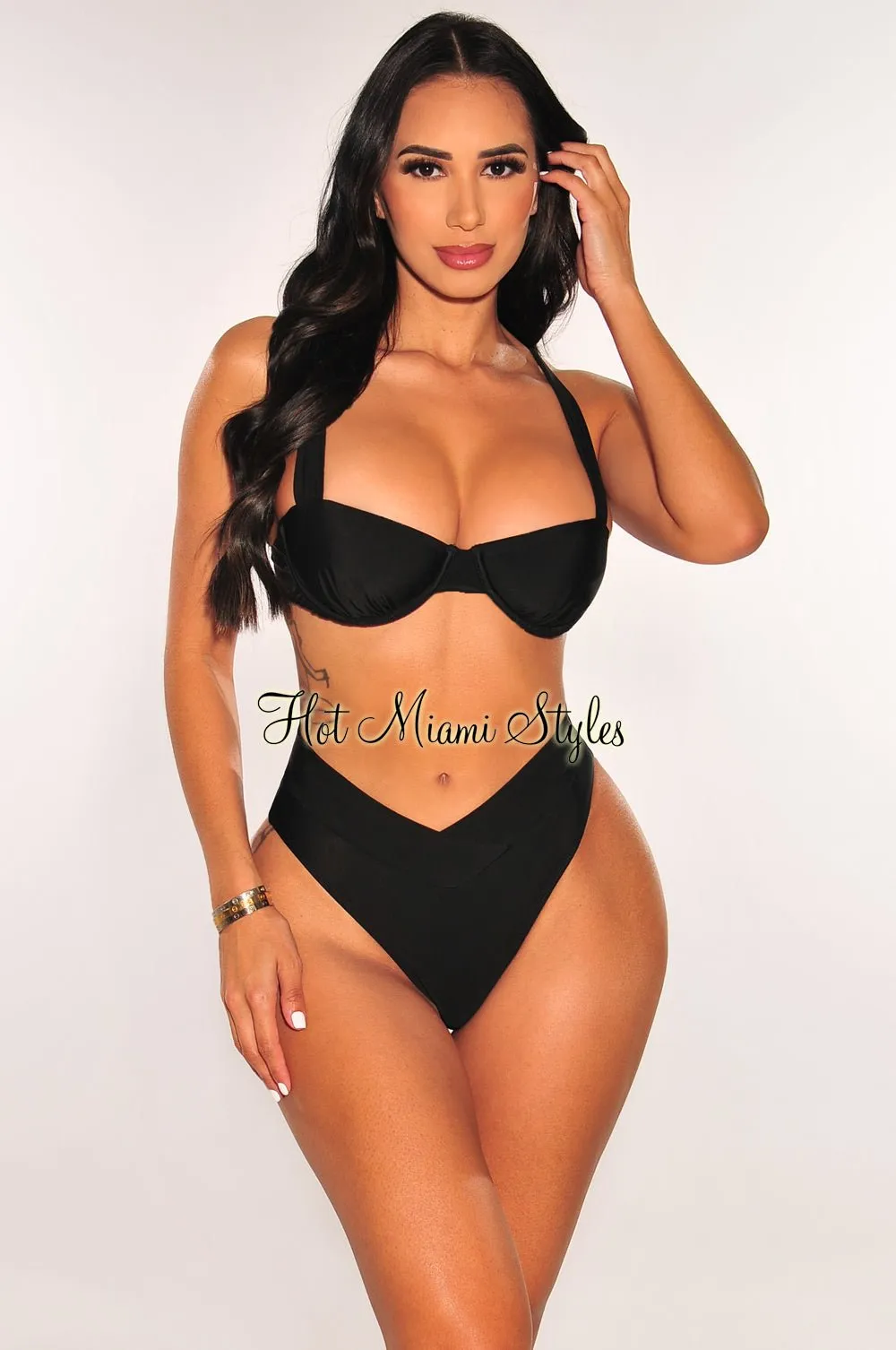 Black Underwire High Waist Ruched Cheeky Bikini