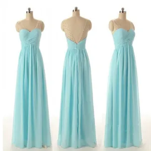 Cheap Simple Junior Strapless Sweetheart Blue Chiffon A-line Floor-Length Wedding Party Bridesmaid Dresses , WG56