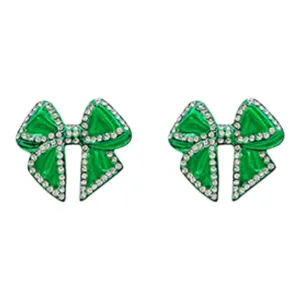 Crystal Studded Green Bow Earrings