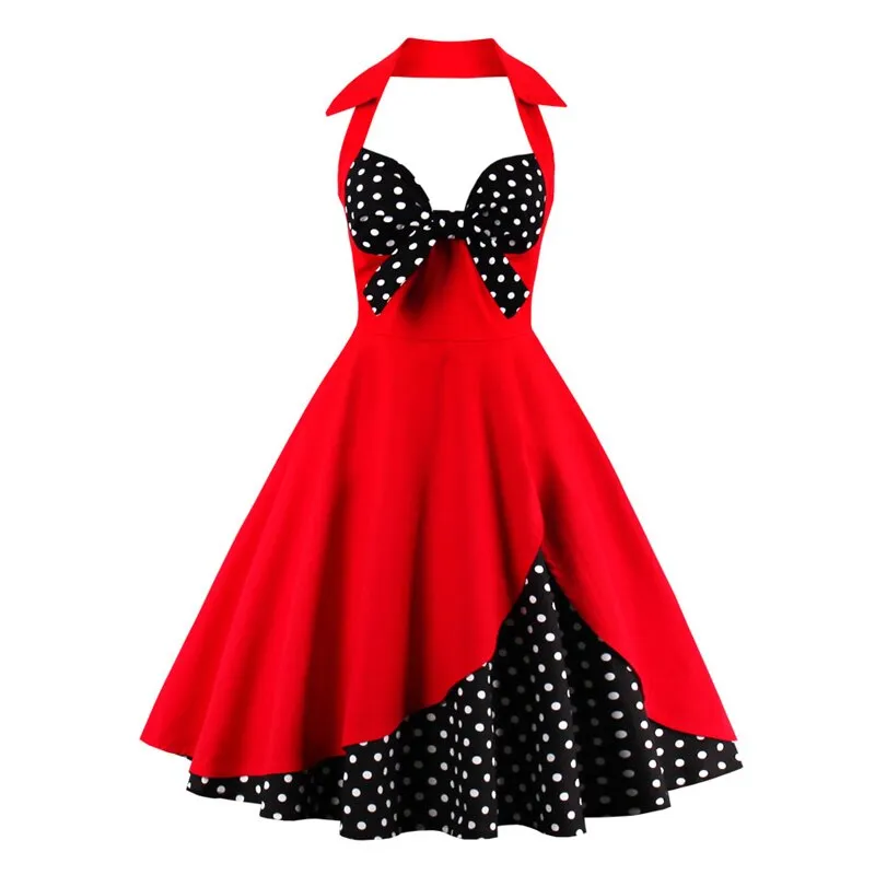 DressBetty - Bow Knot Front Sexy V-Neck Halter Party Vintage 50s Dress Backless Cotton Dresses