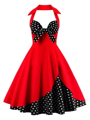 DressBetty - Bow Knot Front Sexy V-Neck Halter Party Vintage 50s Dress Backless Cotton Dresses