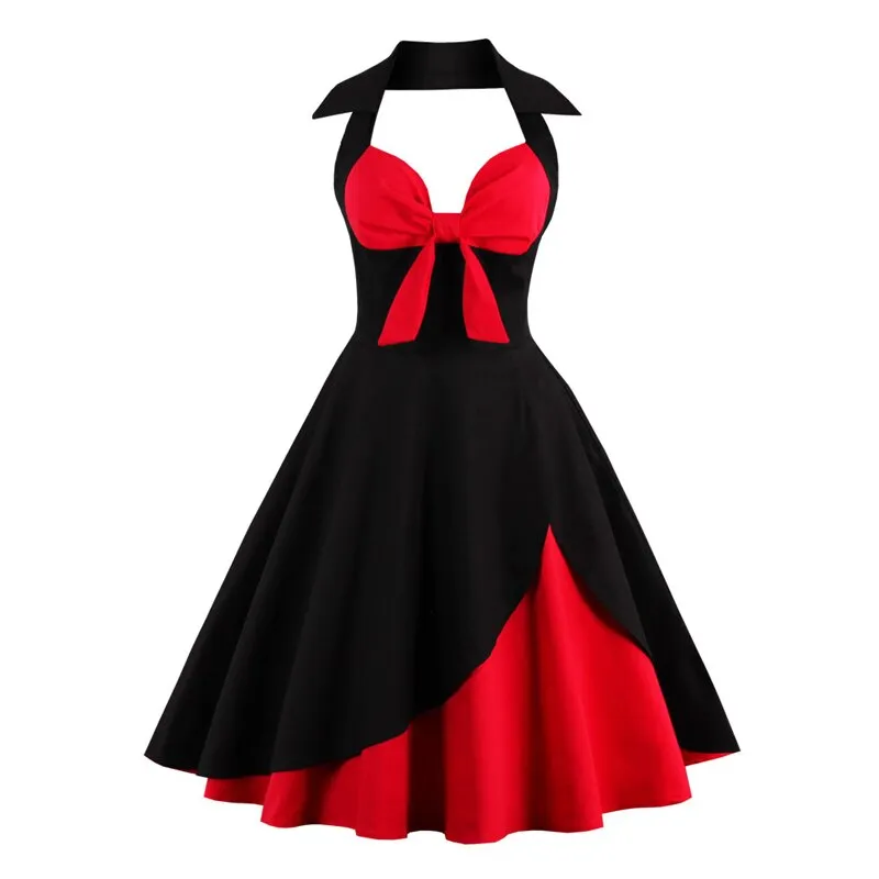 DressBetty - Bow Knot Front Sexy V-Neck Halter Party Vintage 50s Dress Backless Cotton Dresses