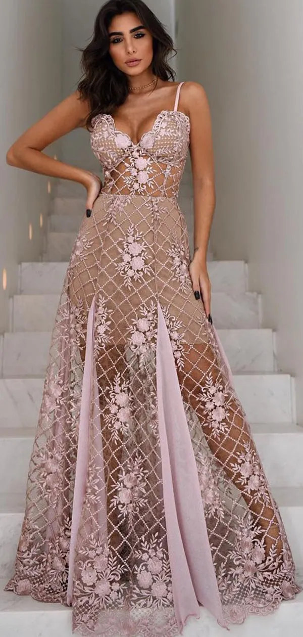 Dutsy Pink See Through Lace Spaghetti Strap A-line Prom Dresses, DB1115