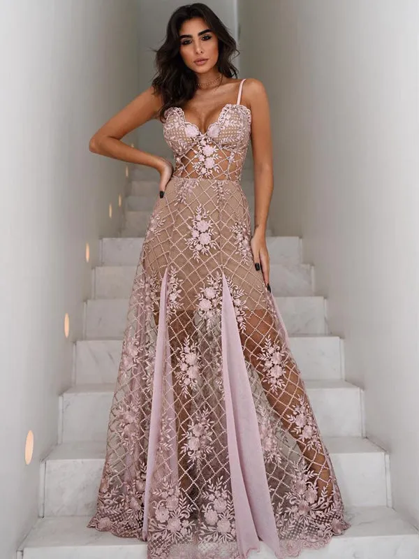 Dutsy Pink See Through Lace Spaghetti Strap A-line Prom Dresses, DB1115