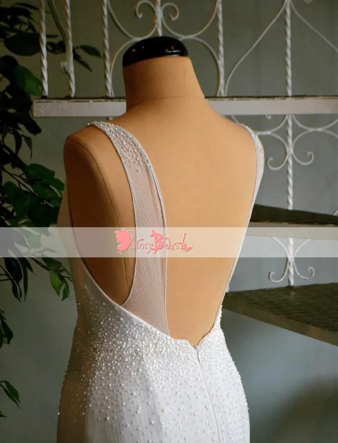 Elegant Ivory Beaded Appliques Sleeveless V-neck Backless Prom Dresses. DB1064