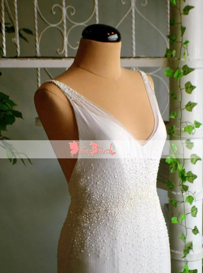 Elegant Ivory Beaded Appliques Sleeveless V-neck Backless Prom Dresses. DB1064