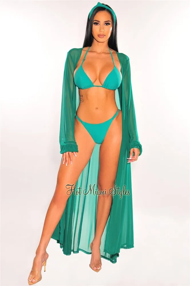 Emerald Mesh Long Sleeves Belted Maxi Cover Up