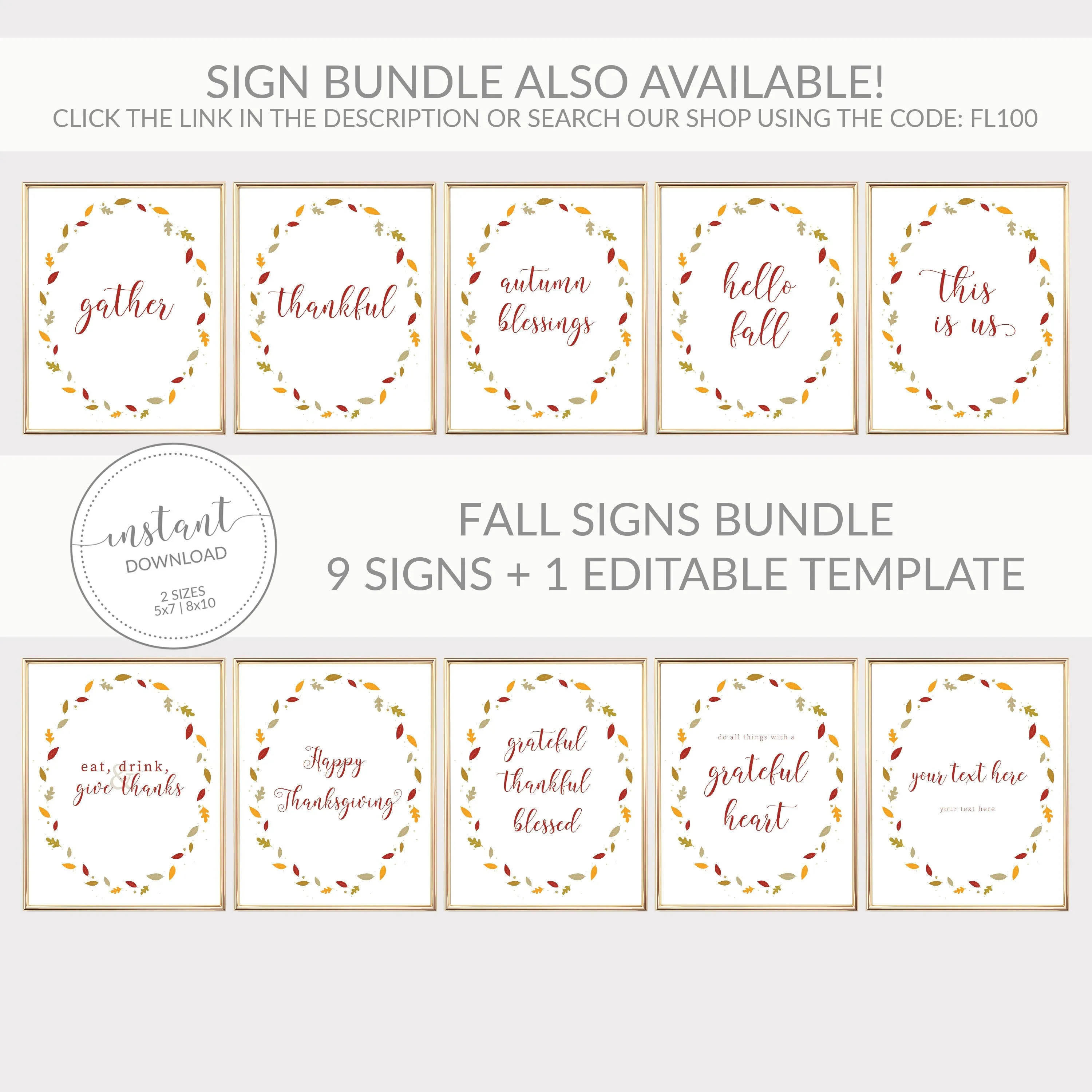 Fall Leaves Autumn Blessings Sign Printable, Thanksgiving Sign, Fall Art, INSTANT DOWNLOAD - FL100