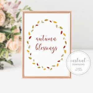 Fall Leaves Autumn Blessings Sign Printable, Thanksgiving Sign, Fall Art, INSTANT DOWNLOAD - FL100