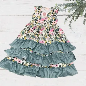 Girls Long Ruffle Dresses - Pink and Turquoise Floral