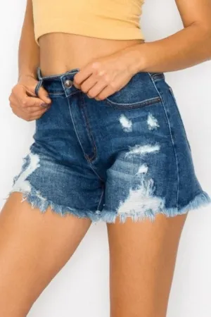 High Rise Frayed Denim Shorts