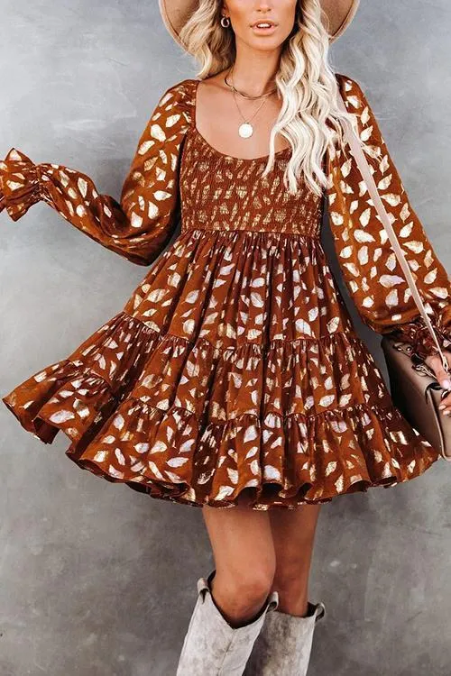 Hot Stamping Ruffles Elastic Puff Sleeve Mini Dress