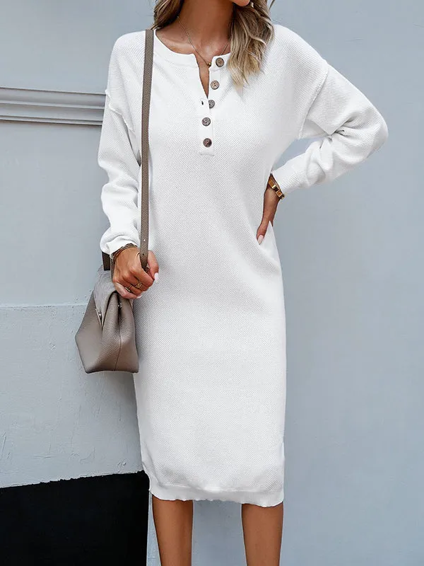 Long Sleeves Loose Buttoned Round-Neck Midi Dresses Sweater Dresses