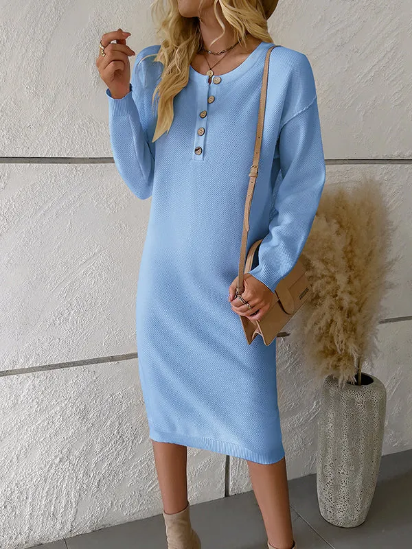 Long Sleeves Loose Buttoned Round-Neck Midi Dresses Sweater Dresses