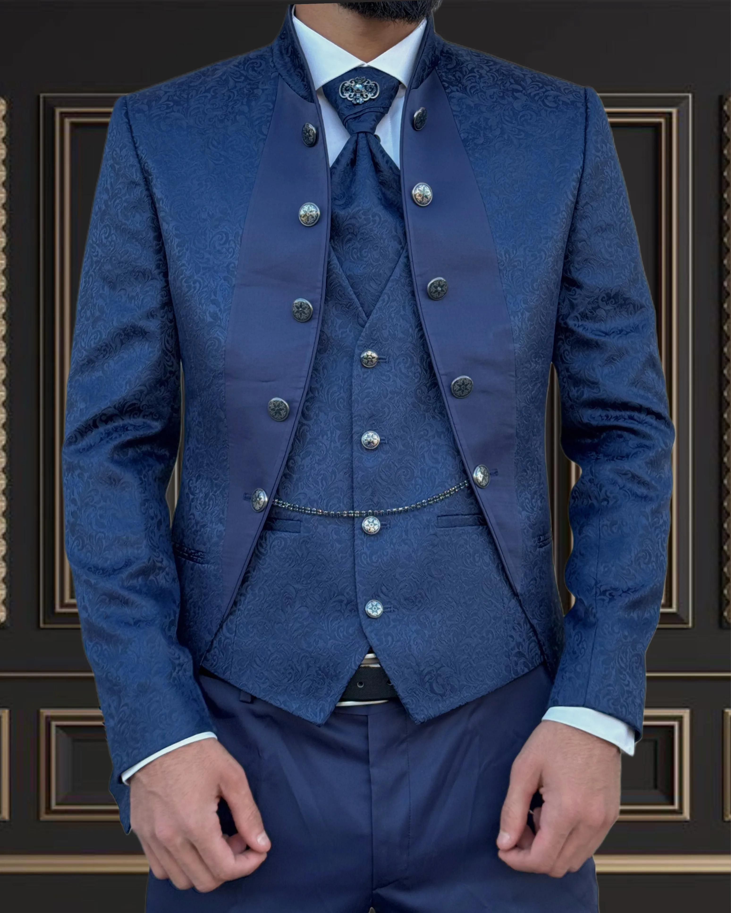 Men's Blue Floral Tuxedo with Mandarin Collar | Unique Formal Attire