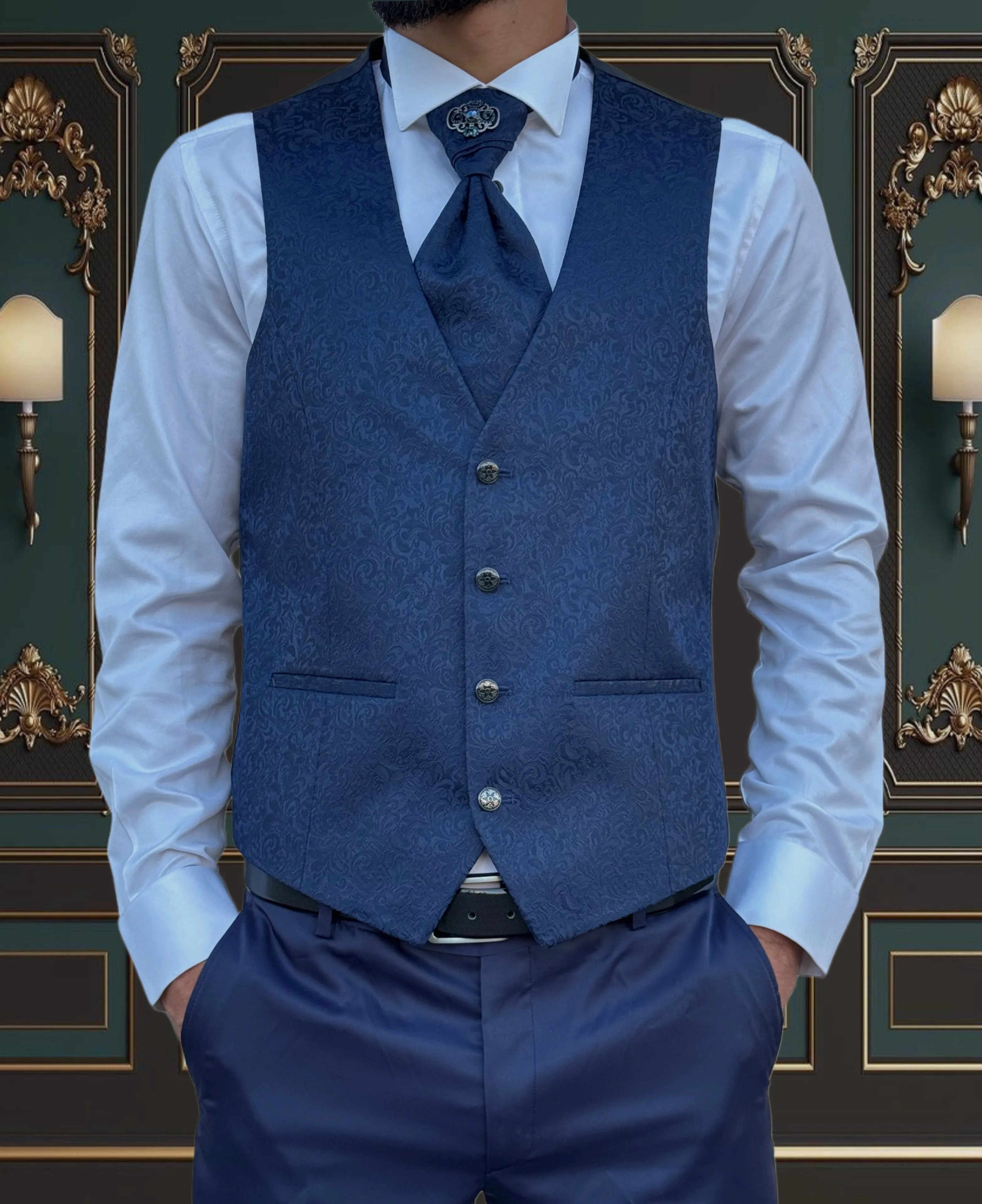 Men's Blue Floral Tuxedo with Mandarin Collar | Unique Formal Attire