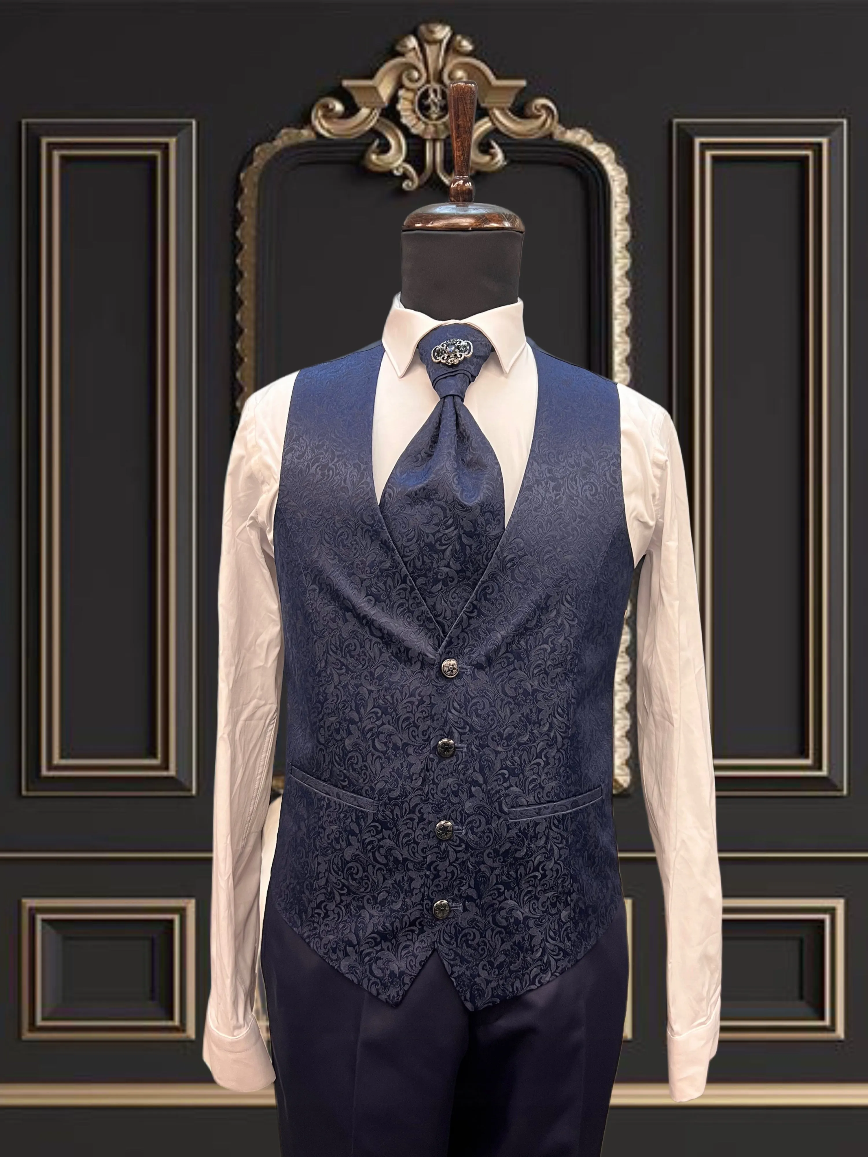 Men's Blue Floral Tuxedo with Mandarin Collar | Unique Formal Attire