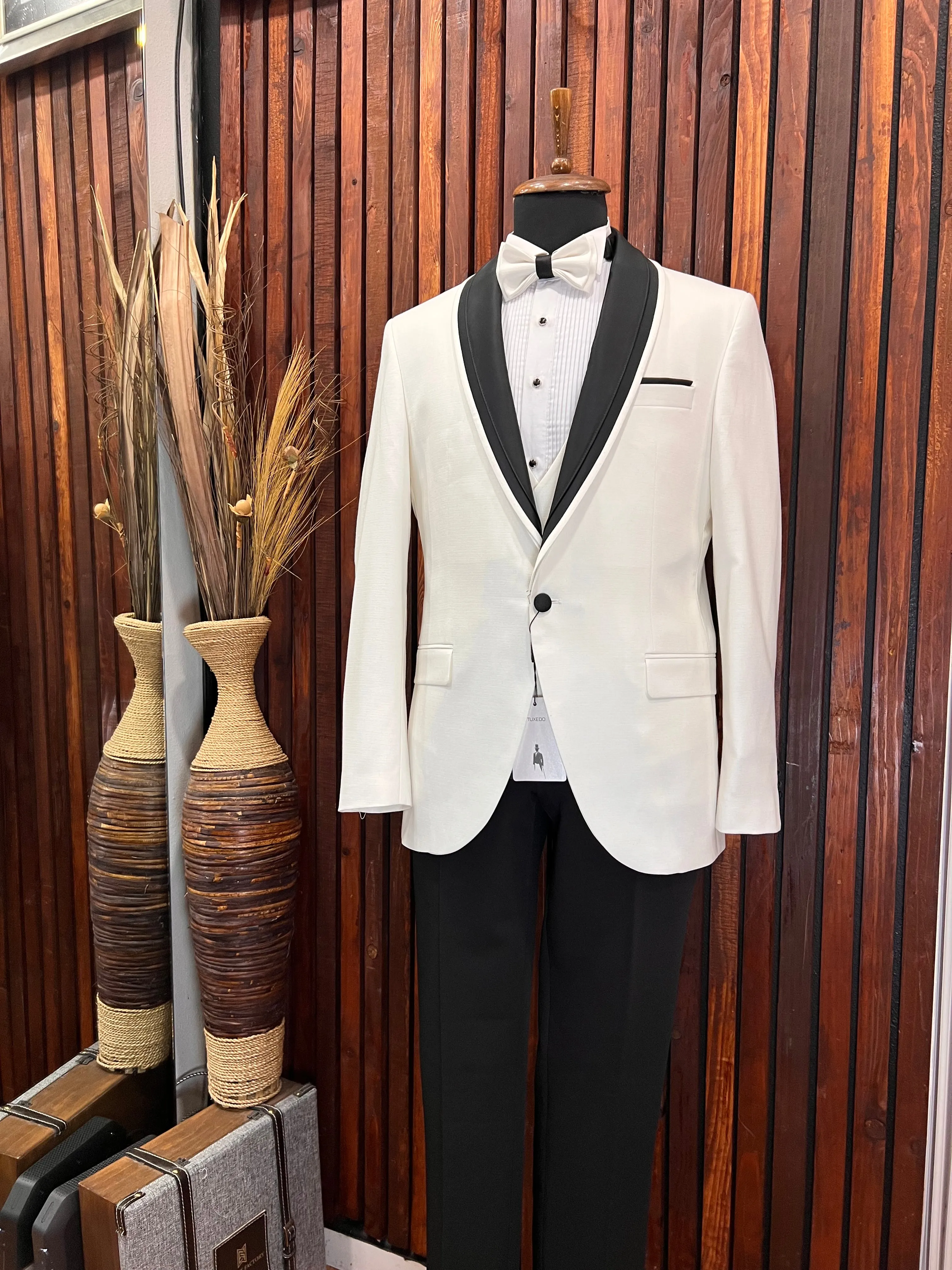 Men's White Tuxedo with Black Shawl Lapel | Elegant Formal Attire