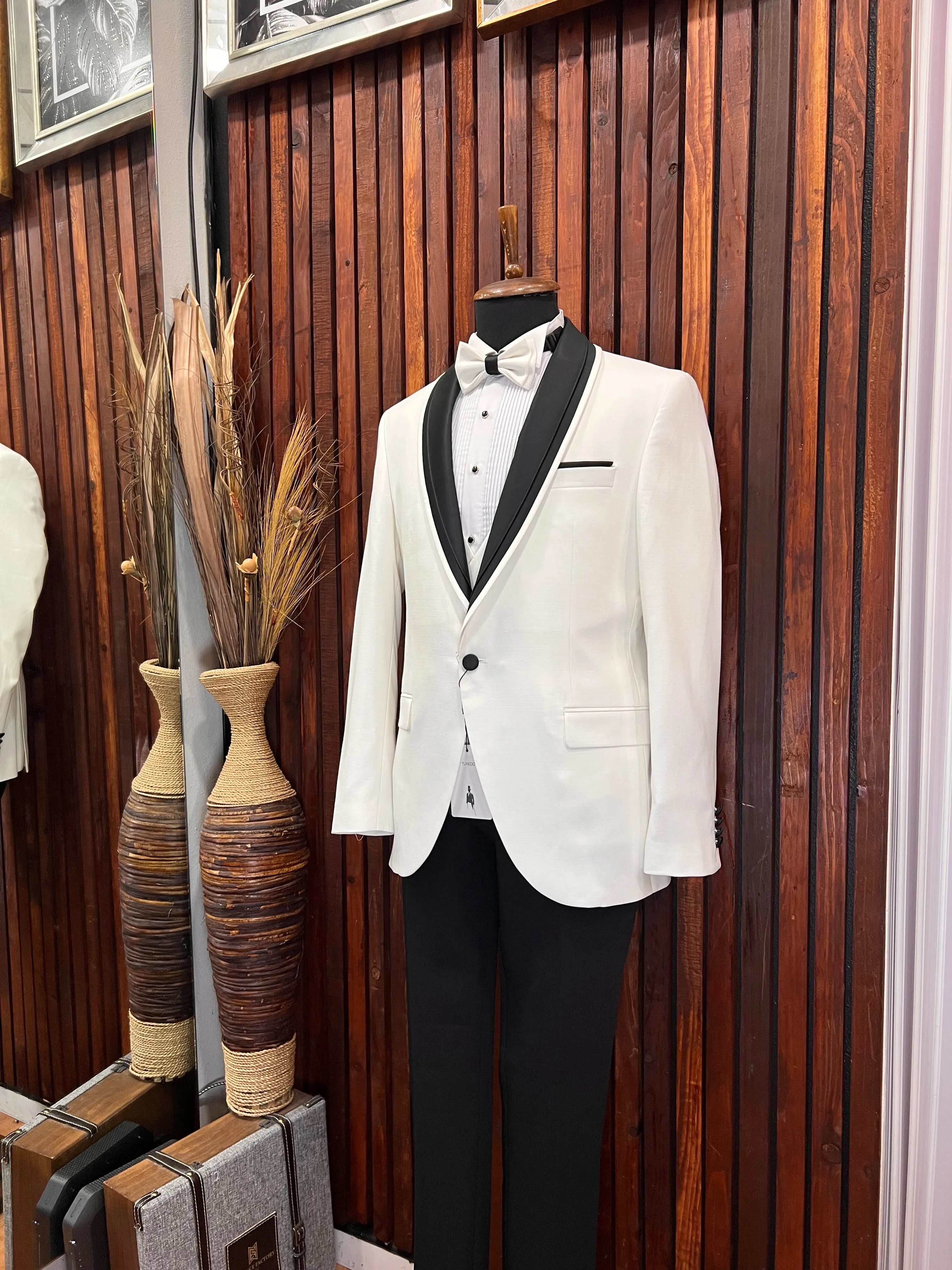 Men's White Tuxedo with Black Shawl Lapel | Elegant Formal Attire