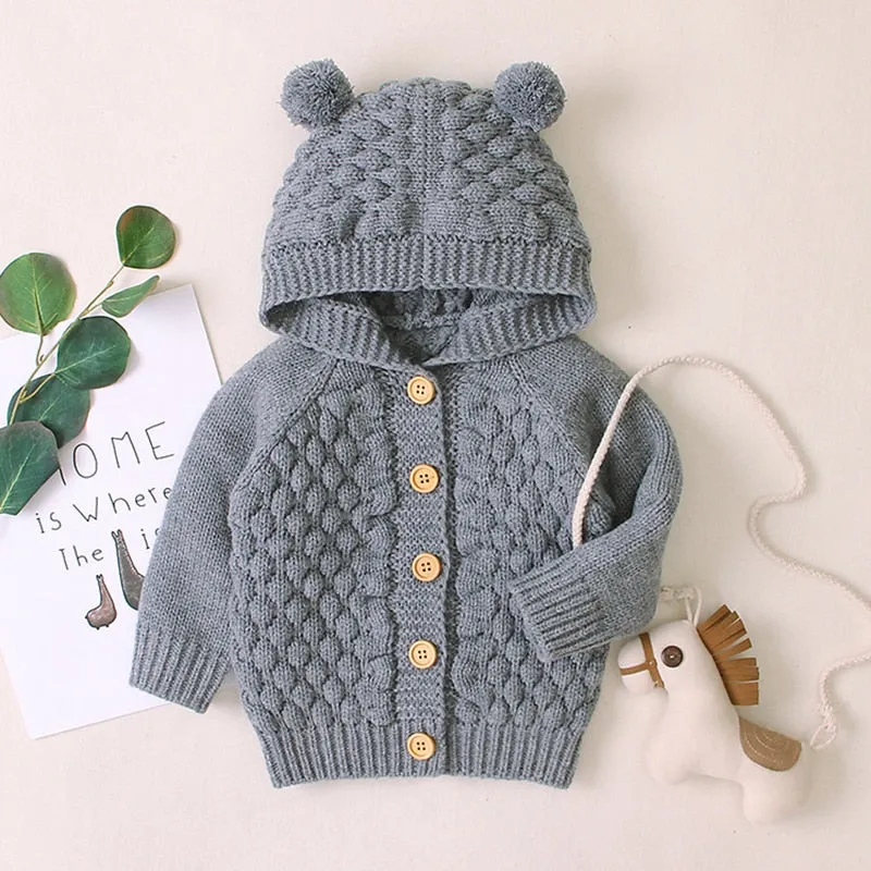 Newborn Infant Baby Girl Boy Cardigan Clothes Winter Jacket Warm Coat Knitted Sweater Hooded Button Outwear