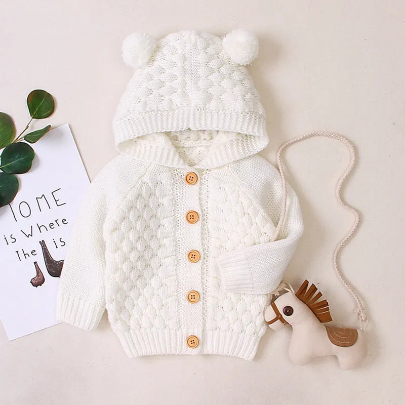 Newborn Infant Baby Girl Boy Cardigan Clothes Winter Jacket Warm Coat Knitted Sweater Hooded Button Outwear