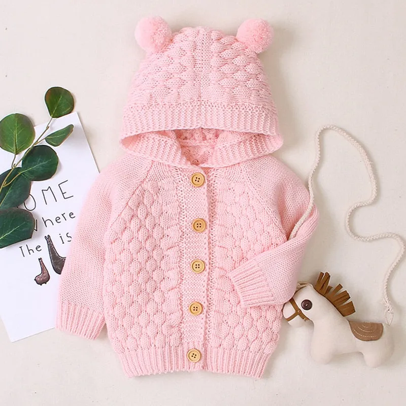 Newborn Infant Baby Girl Boy Cardigan Clothes Winter Jacket Warm Coat Knitted Sweater Hooded Button Outwear