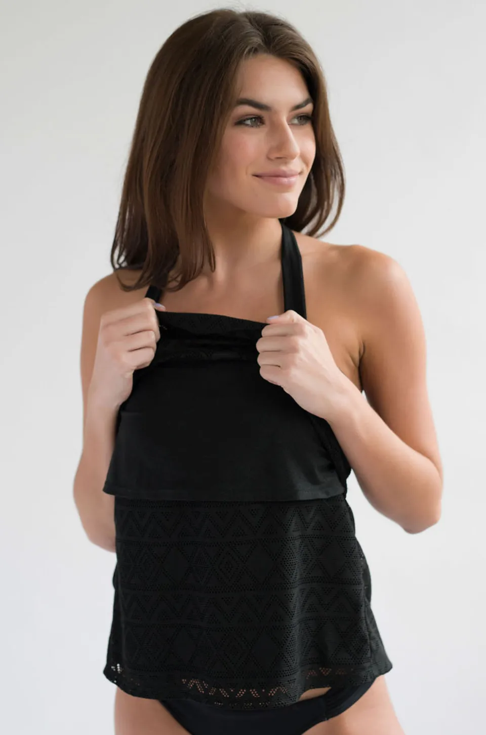 Nursing Bathing Suit Tankini Top, Black CROCHET- FINAL SALE