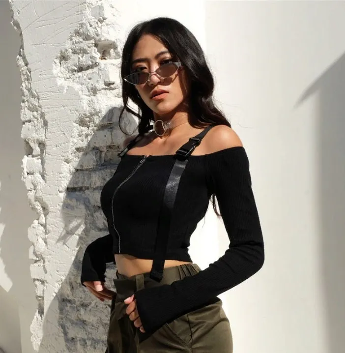 Off Shoulder Long Sleeve Crop Top T Shirt