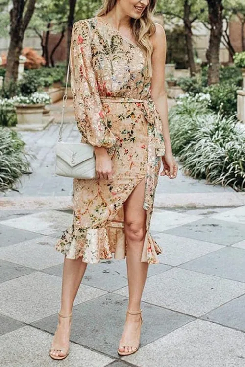 One Shoulder Print Split Ruffle Calf Length Dress