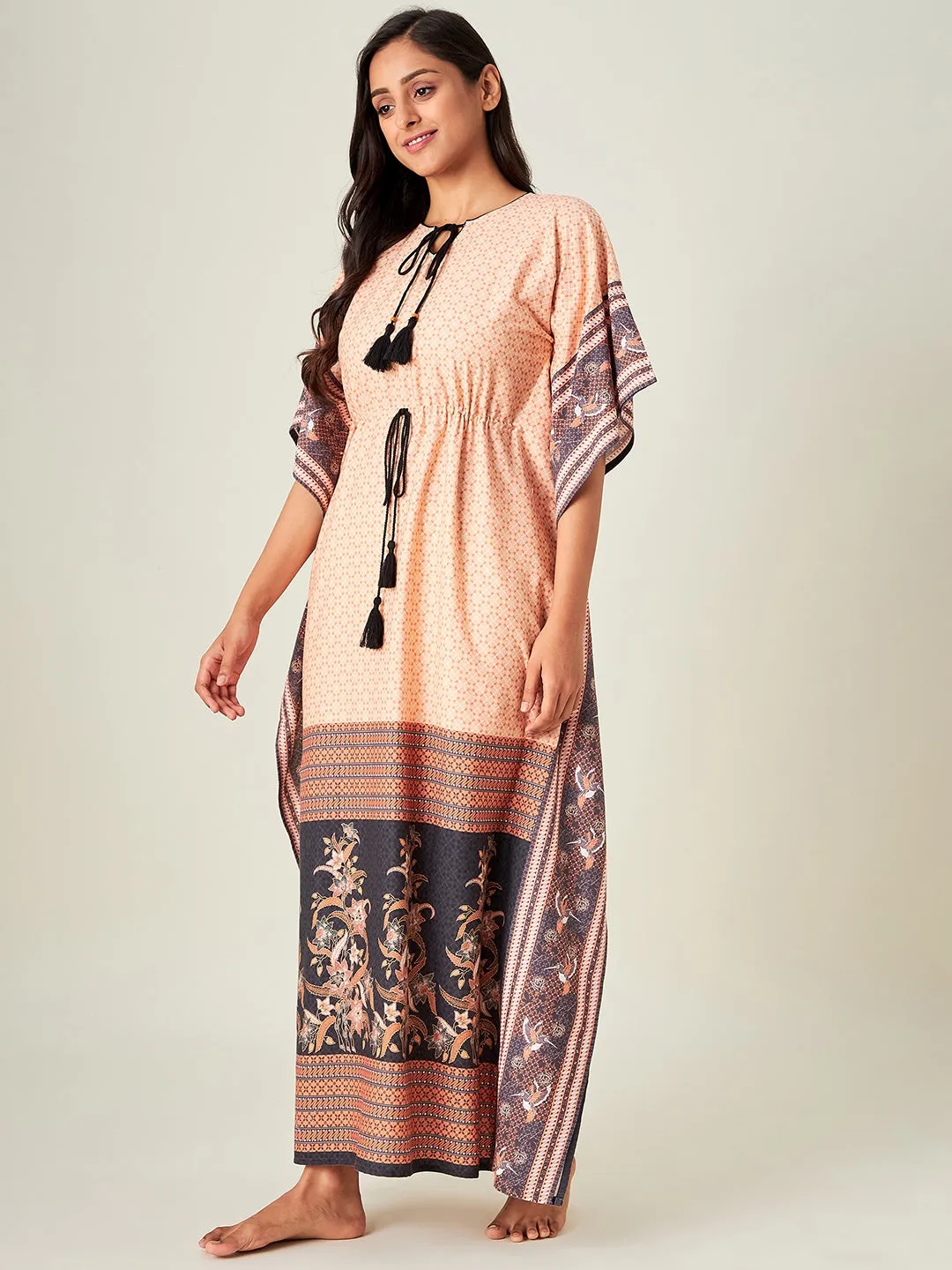 Peach Tinge Geometric Loungewear Kaftan (Final Sale)