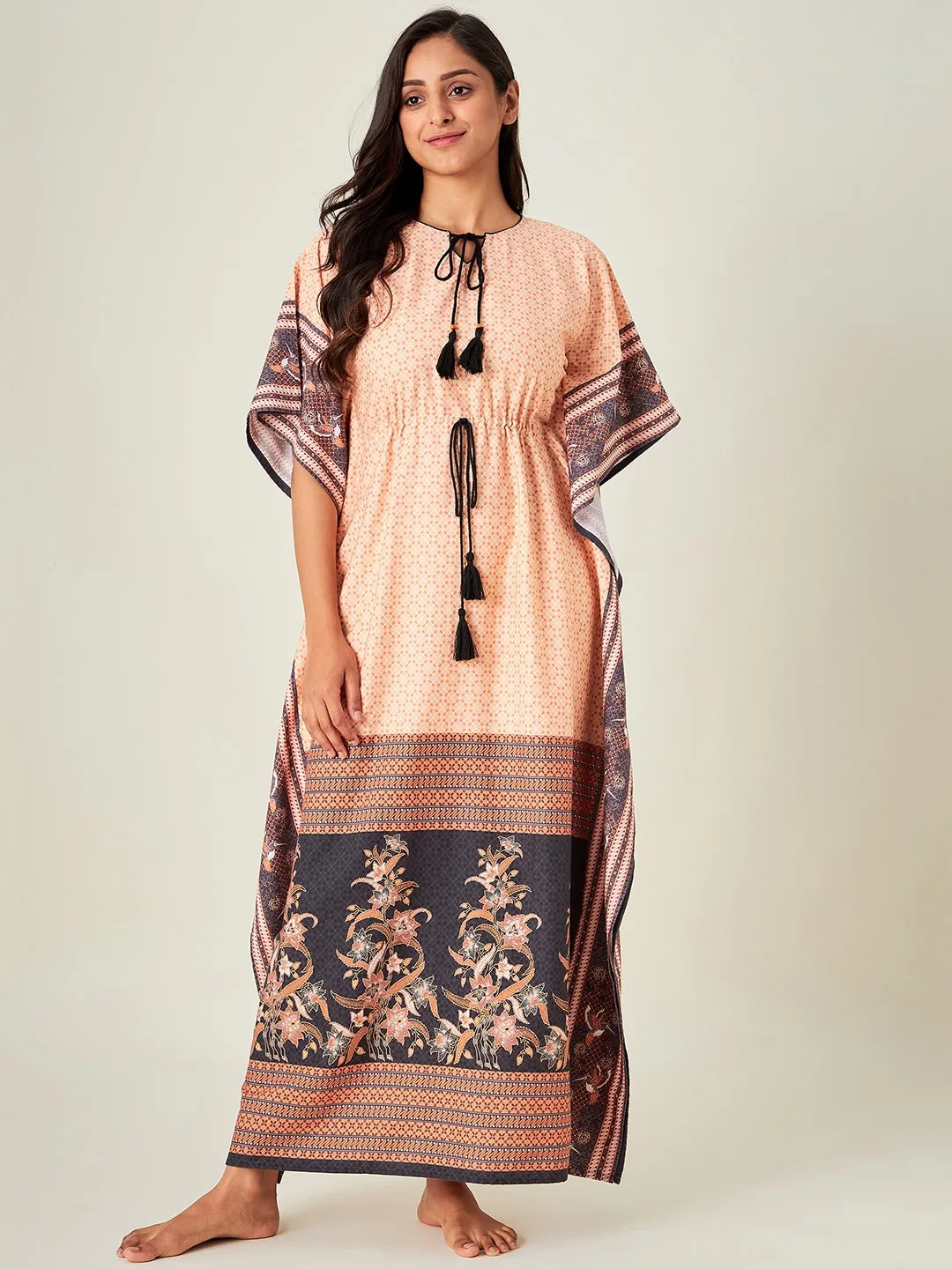 Peach Tinge Geometric Loungewear Kaftan (Final Sale)