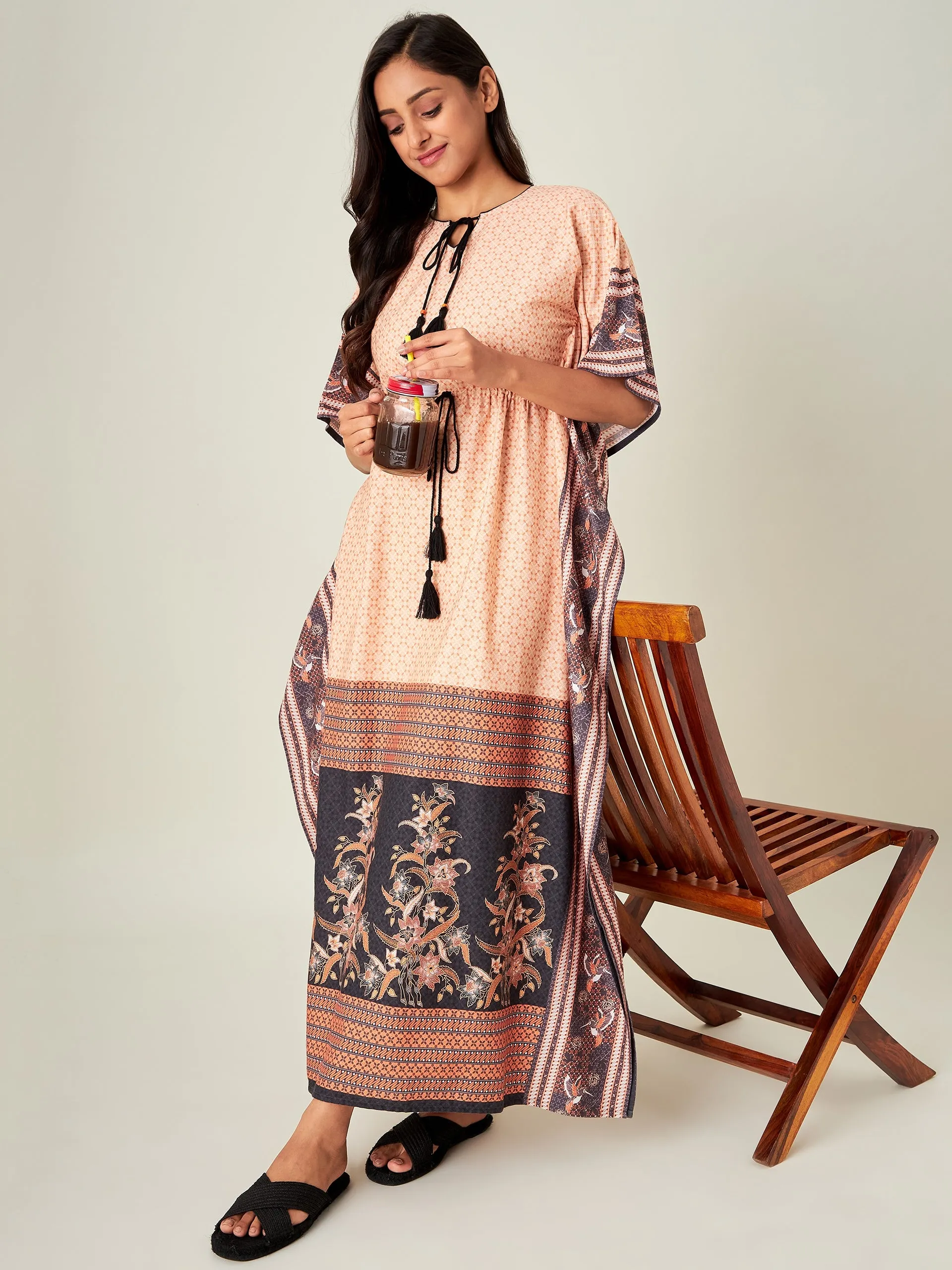 Peach Tinge Geometric Loungewear Kaftan (Final Sale)