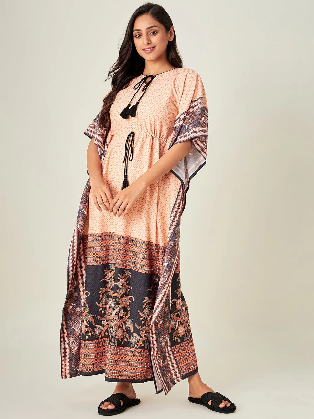 Peach Tinge Geometric Loungewear Kaftan (Final Sale)