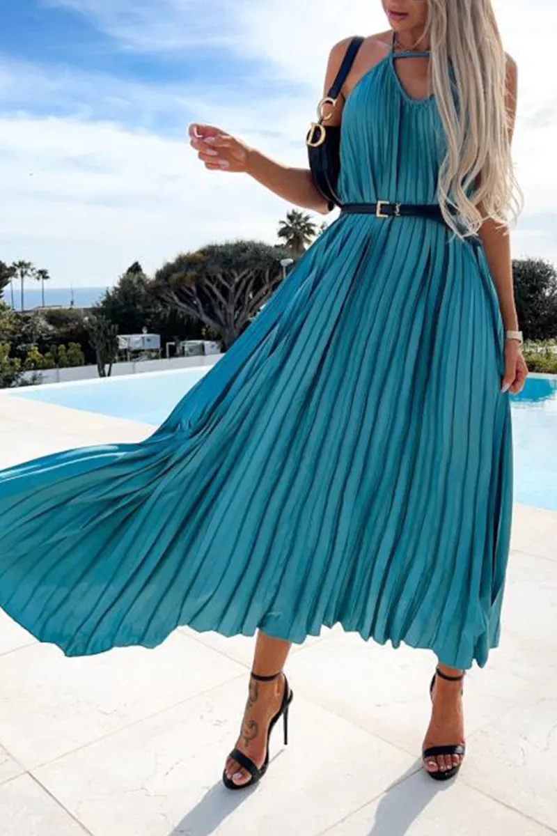 Pleated Halter Neck Backless Maxi Dress