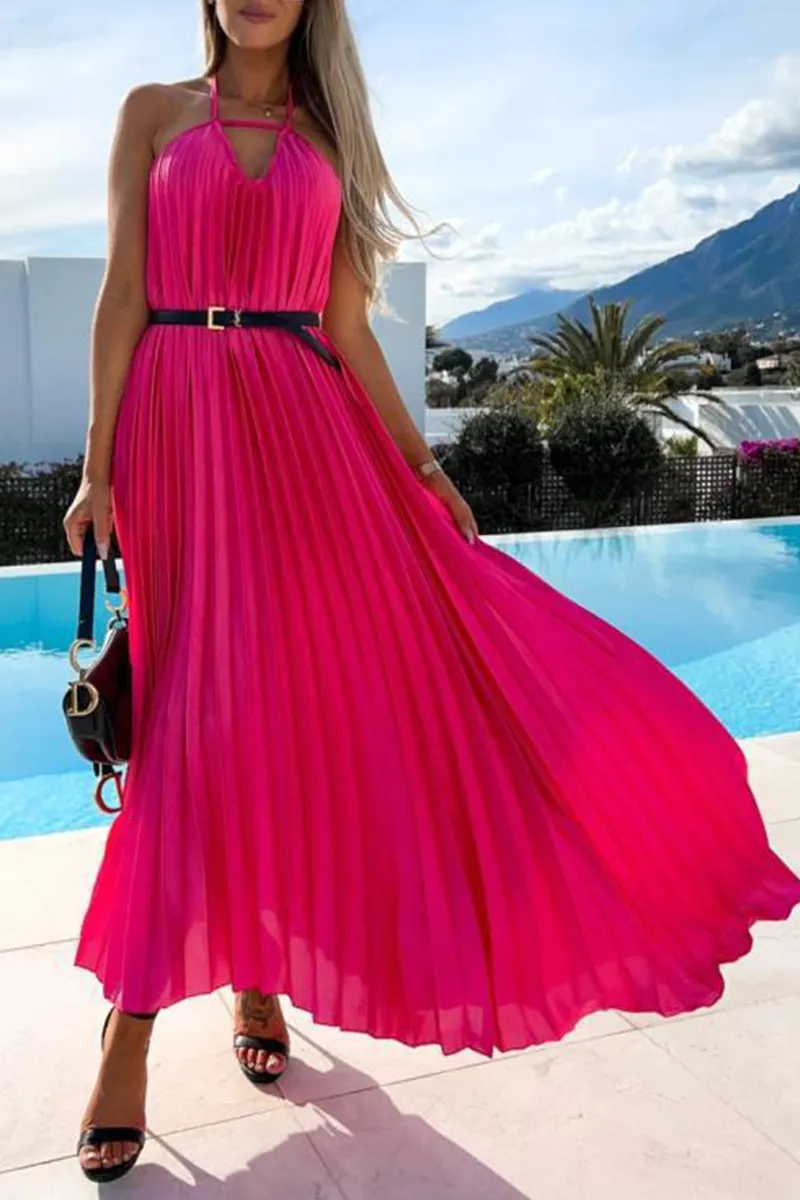 Pleated Halter Neck Backless Maxi Dress