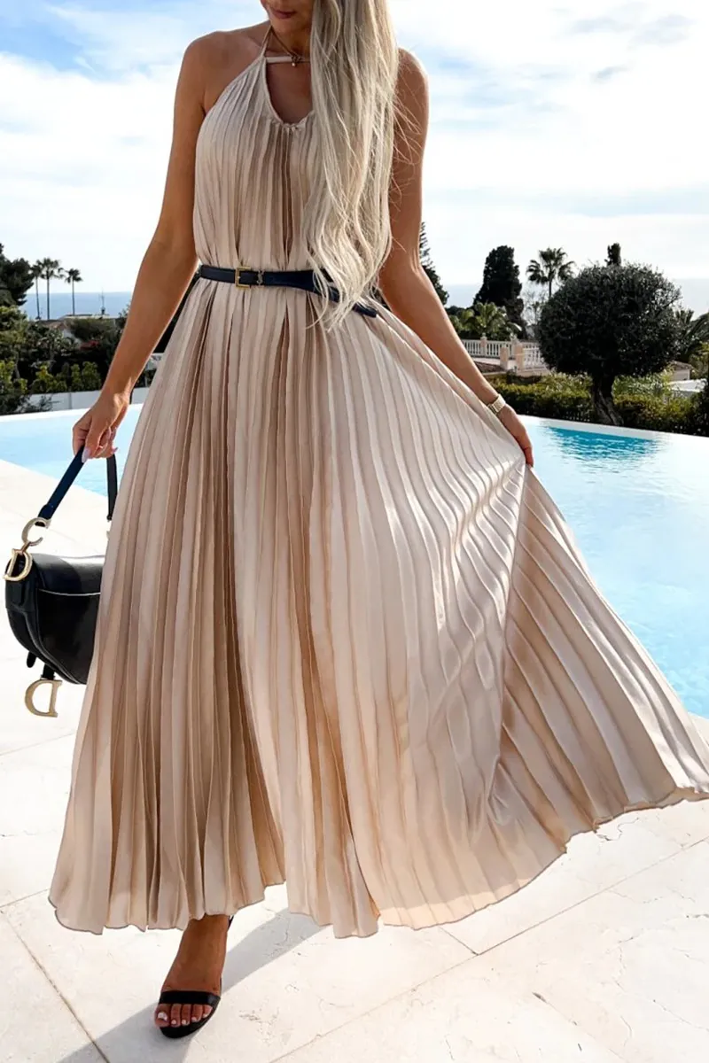 Pleated Halter Neck Backless Maxi Dress