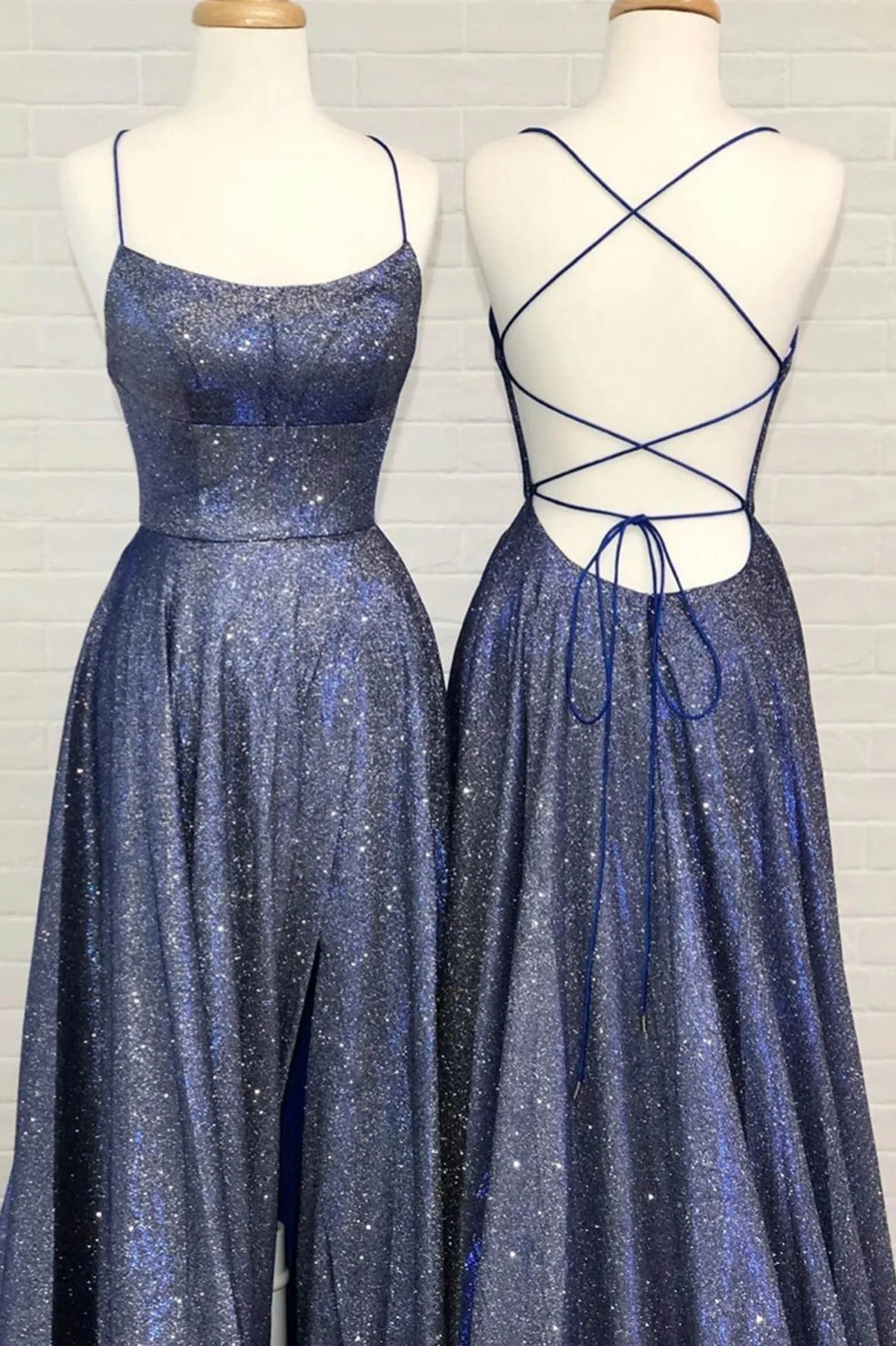 solvbao Blue A-Line Backless Long Prom Dresses, Blue Evening Dresses