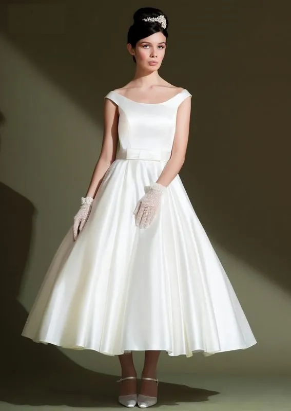 Vintage Retro Classic Tea Length Satin Wedding Dress DV2071