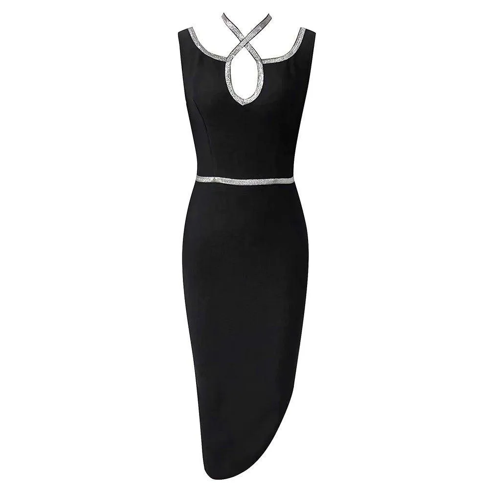 Women's Black Strappy Side Slit Midi Bandage Dress - Summer Sundress