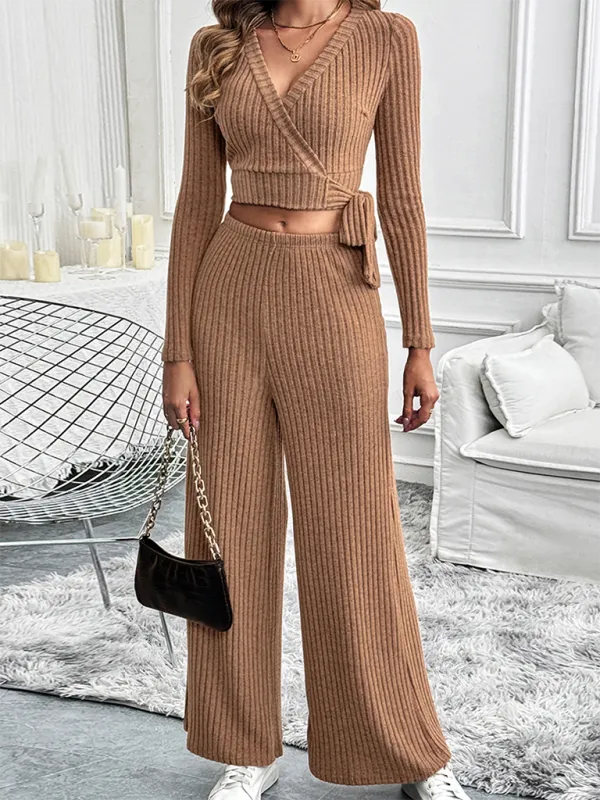 Women's Ribbed Loungewear Set With Cropped Crossover Top and Wide Leg Trousers