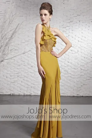 Yellow Brown Stylish Halter Designer Evening Formal Dress CX881618