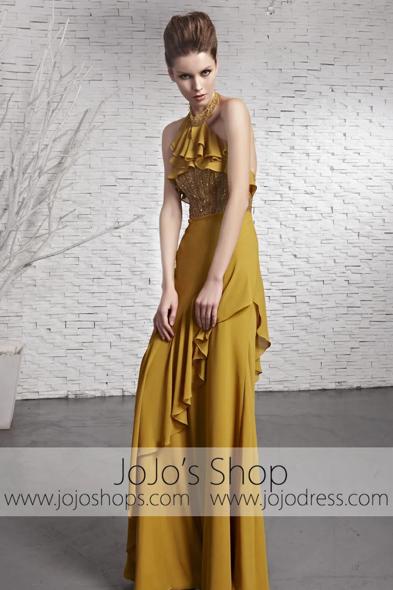 Yellow Brown Stylish Halter Designer Evening Formal Dress CX881618