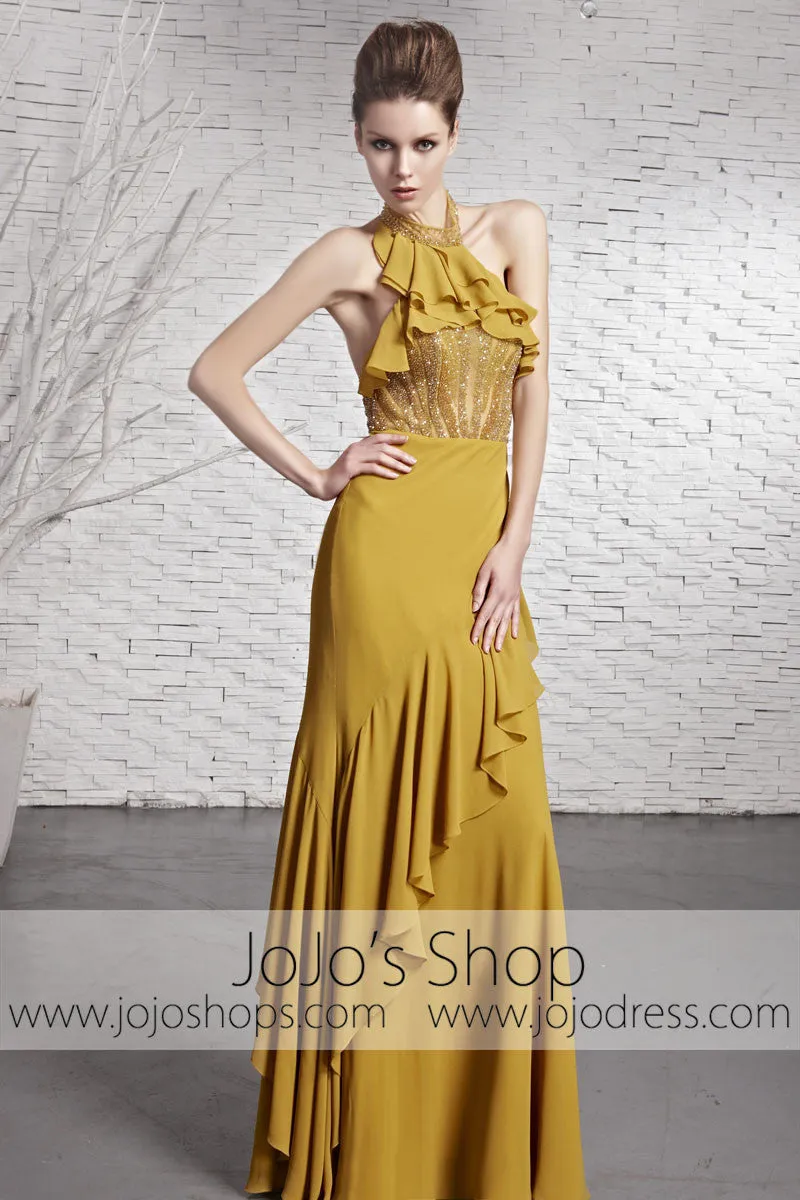 Yellow Brown Stylish Halter Designer Evening Formal Dress CX881618