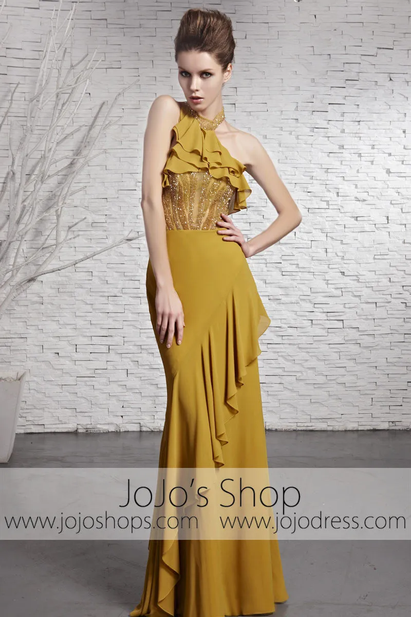 Yellow Brown Stylish Halter Designer Evening Formal Dress CX881618